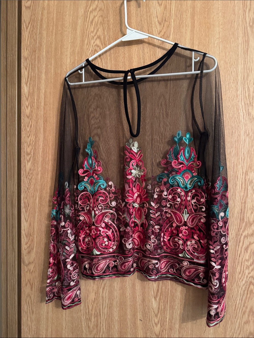 Sheer Black Embroidered Floral Mesh Blouse with Pink & Teal Accents
